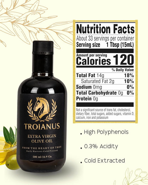 TROIANUS 500 ml Extra Virgin Olive Oil with Polyphenol Rich from Troy, Single Origin, Cold Pressed