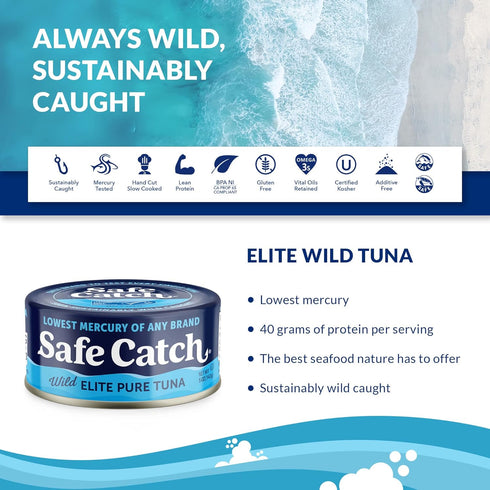 Whole30 5oz 12-Pack Safe Catch Canned Wild Tuna Fish, Wild Caught, Lowest Mercury, Gluten-Free, Kosher, Non-GMO