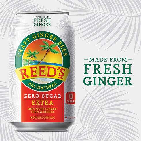 Pack 4 (12fl oz Reed's Zero Sugar Extra Ginger Beer, of Can each) - Non-Alcoholic Jamaican Real Ginger Brew, Sweetened