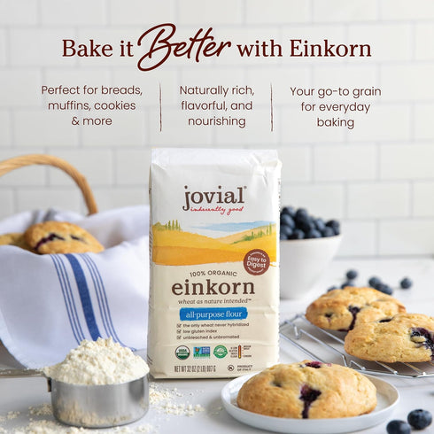 32 Oz Jovial Organic Einkorn Unbleached All Purpose Flour - Bread Baking Flour for Sourdough, High Protein, Non-GMO