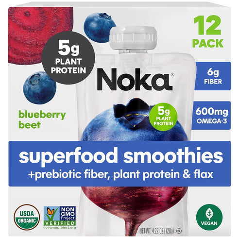 Noka Superfood Fruit Smoothie Pouches, Blueberry Beet, Healthy Snacks with Flax Seed,