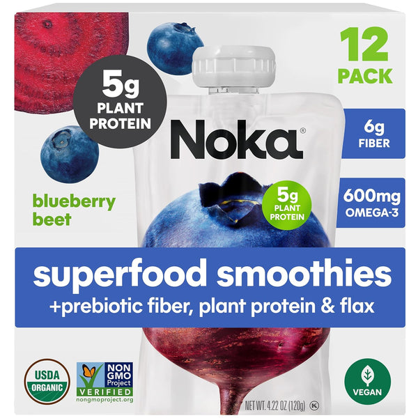 Noka Superfood Fruit Smoothie Pouches, Blueberry Beet, Healthy Snacks with Flax Seed,