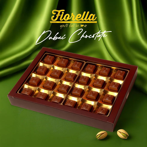 24 Count Fiorella Dubai Style Milk Chocolate Pistachio Squares, Filled Chocolate With Pistachio Butter & Crispy