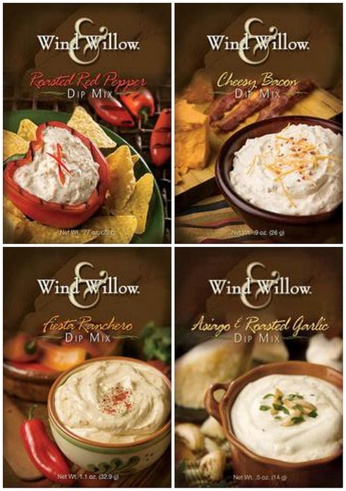 Wind & Willow Dip Mix Variety Bundle: 4 Flavor Pack - Cheesy Bacon, Roasted Red Pepper, Asagio, Fiesta Ranchero