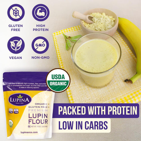 Pack 2 16 oz- Lupina Organic Gluten-Free Lupin Flour High-Protein, High-Fiber, Low-Carb Plant-Based Flour Non-GMO Vegan
