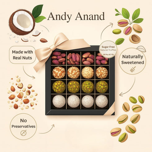 (16 9.7 Oz) ANDY ANAND CHOCOLATIER Natural Truffles Gift Box With Pistachio, Hazelnut & Coconut, Delicious Taste