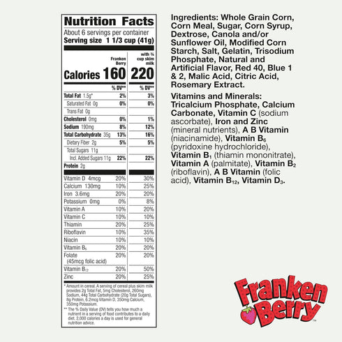 General Mills 9.6 oz Franken Berry Cereal with Monster Marshmallows, Kids Breakfast Cereal, Limited Edition, Made