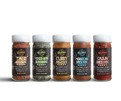 Foddies Low FODMAP Spice Bundle 5 Spice Blends, Taco Curry Cajun Moroccan