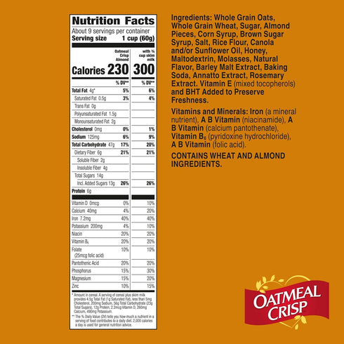 Oatmeal Crisp 19.7 oz Heart Healthy Cereal, High Fiber Cereal Made with Whole Grain