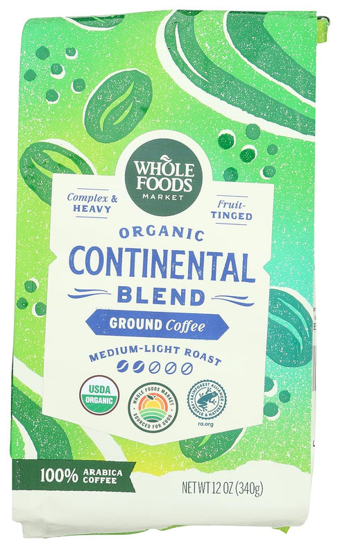 Whole Foods Market, Organic Continental Blend Ground Coffee, Medium-Light Roast, Complex &