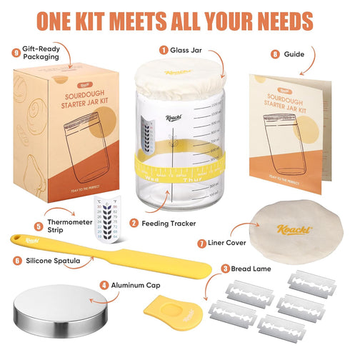 40oz Koackl Sourdough Starter Jar, Sourdough Starter Kit with Magnetic Bread Lame, Thermometer, Long Scraper, Cloth