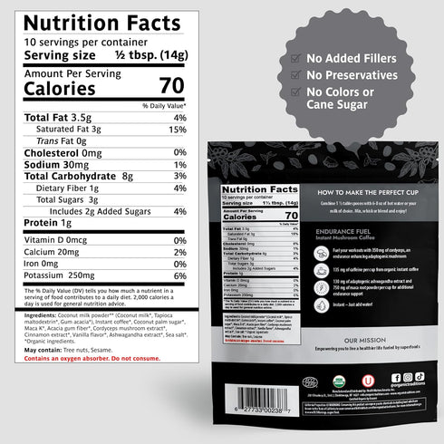 10 280g 10oz Organic Traditions Endurance Fuel Mushroom Coffee, Instant Coffee with Cordyceps, Ashwagandha and Maca