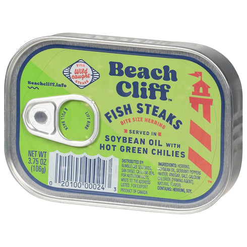 Beach Cliff Wild Caught Fish Steaks: 3.75 oz Can in Soybean Oil with Hot Green Chilies, Pack of 12