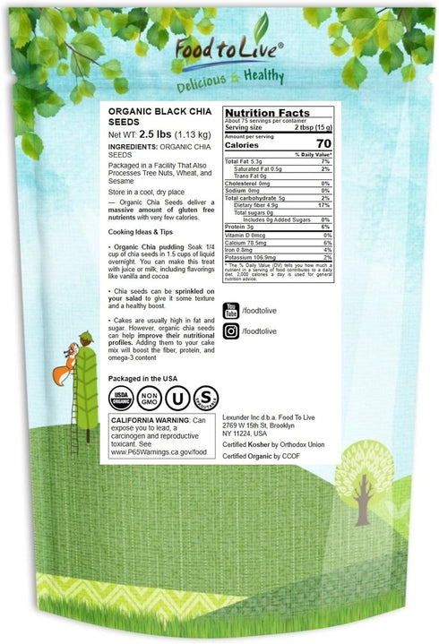 2.5 Food to Live - Organic Black Chia Seeds, Pounds Non-GMO, Whole, Sproutable, Vegan, Kosher, Keto, Sirtfood, Bulk.