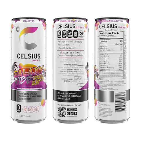 12 Oz (Pack 12) CELSIUS GALAXY VIBE Sparkling Strawberry Watermelon, Sugar Free Energy Drink, Fl
