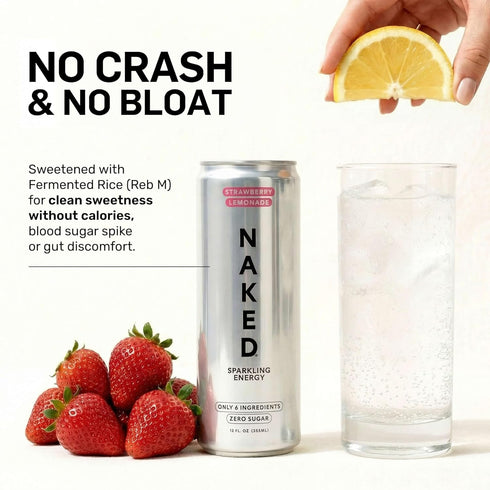 12oz (Pack 12) Naked Sparkling Energy Drink - Strawberry Lemonade, Organic Caffeine, Organic Lemon Juice, Zero Sugar