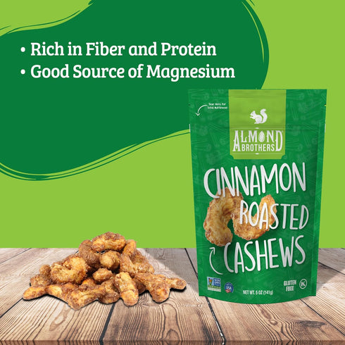 Pack 3, 5 oz Almond Brothers Roasted Cashews - of Hand Crafted Cinnamon Glazed Roasted Cashews, Gluten-Free, Non-GMO