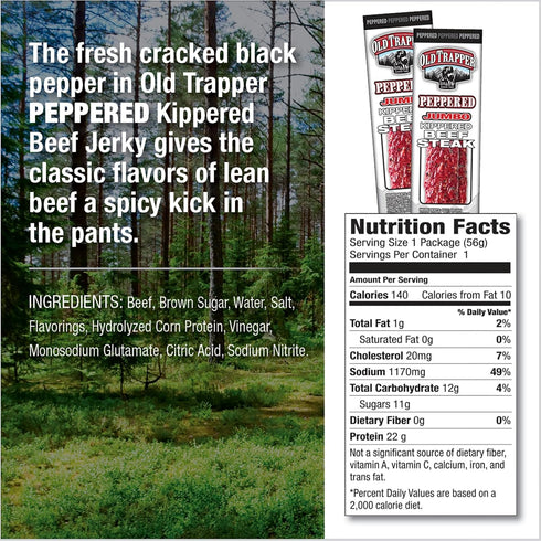 Packages, 22 (Pack 12) Old Trapper Kippered Steak, Peppered Flavor, Two-Ounce Individually Wrapped Spicy Meat Snack