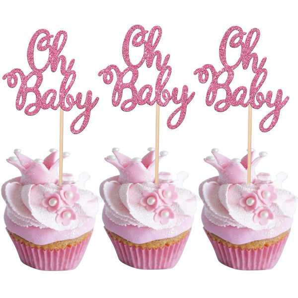 36 PCS Oh Baby Cupcake Toppers - Glitter Baby Shower Cupcake Picks Decorations for Kids Birthday Party Supplies (Pink)