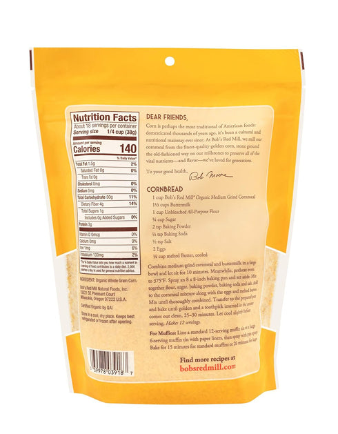24oz (Pack 1) Bob's Red Mill Organic Medium Grind Cornmeal, of - Non GMO, Whole Grain, Vegan, Kosher