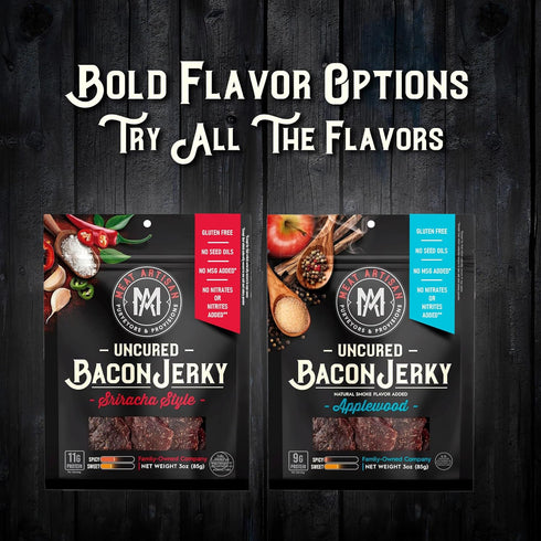 3oz (85g) Meat Artisan Sriracha Style Uncured Bacon Jerky - Gluten Free No MSG and No Nitrates - Gourmet Meat Snacks