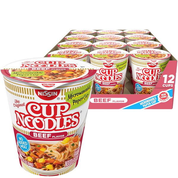 Nissin Cup Noodles Soup, Beef Flavor, Microwaveable Paper Cups, Instant Ramen, 2.25