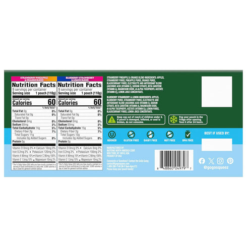 18-Count Pack GoGo squeeZ No Sugar Added Active Fruit Blend with Electrolytes| Variety | Blueberry Strawberry Lemon