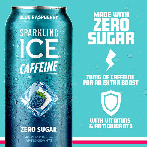 Vitamins,16 oz Sparkling Ice Caffeine, Blue Raspberry Sparkling Water with Caffeine, Zero Sugar, with Antioxidants