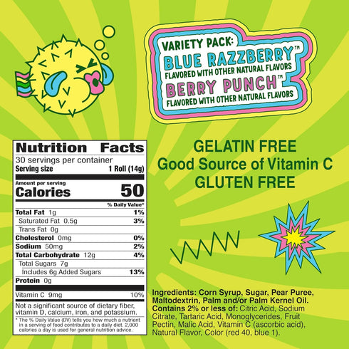Fruit Roll-Ups Pack, 15 oz (30 Count) Sour Fruit Flavored Snacks, Blue Razzberry & Berry Punch Flavors, Variety