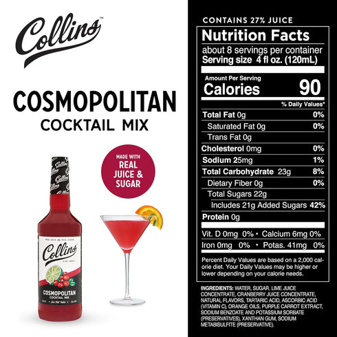 32 oz Collins Cosmopolitan Mix, Made With Real Cranberry Juice, Lime Juice, with Natural Flavors, Cosmo Cocktail Mixer