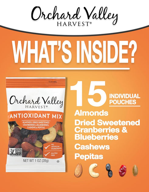 1 (Pack 15), Orchard Valley Harvest Antioxidant Mix, Ounce Bags of Almonds, Cranberries, Blueberries, Cashews