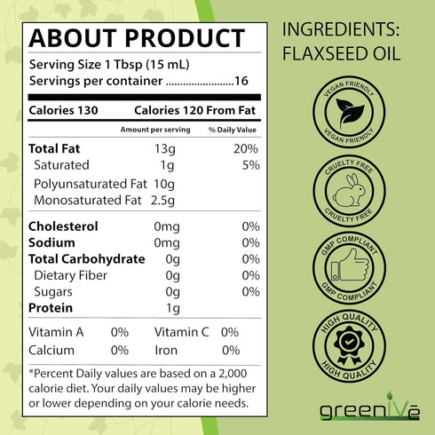 Grown100% (8 Oz) GreenIVe Flax Seed Oil Organically Pure Cold Pressed High Vegan Omega Fatty Acids Fl