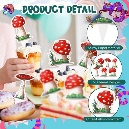 48 Didaey Pieces Mushroom Cupcake Toppers for Mushroom Birthday Party Decorations Supplies Wonderland Party Cake Decor