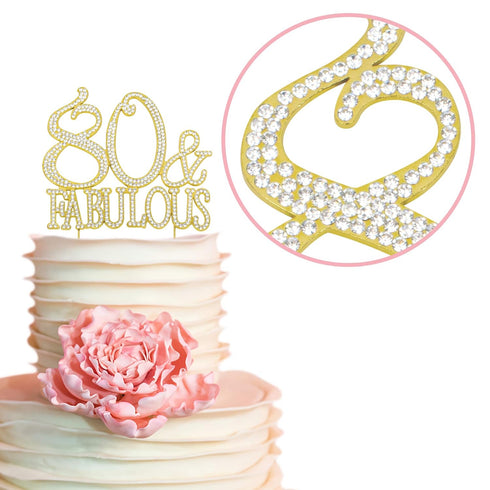 Premium Gold Metal 80 Cake Topper - 80 and Fabulous - 80th Birthday Party Decoration, Sparkly Rhinestone