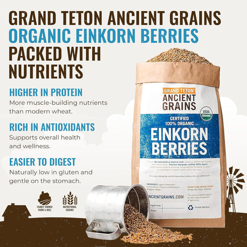 100% 7.5 lbs Grand Teton Ancient Grains - Organic Einkorn Berries, Premium Food-Grade Farro Piccolo, For Milling into