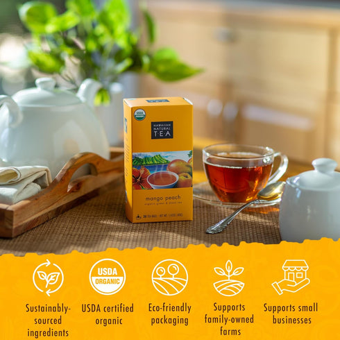 20 Hawaiian Natural Tea Mango Peach Flavored Organic Tea - Tropical Fruit Green and Black Tea Blend - Perfect Daily Cup