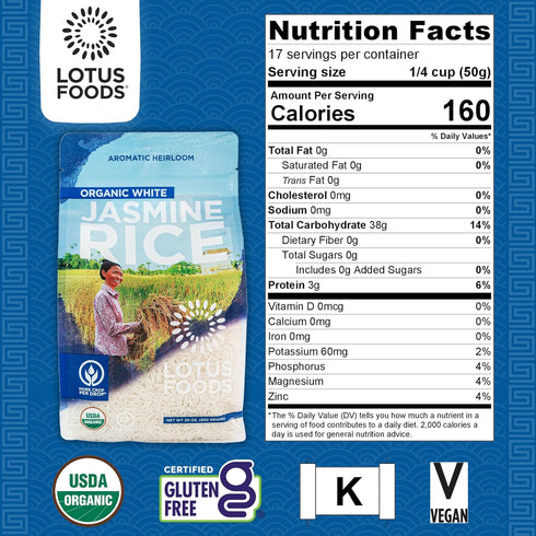 30 Oz (Pack 6) Lotus Foods Organic White Jasmine Rice - Jasmine Rice, Gluten Free White Rice, Organic Rice, Long Grain
