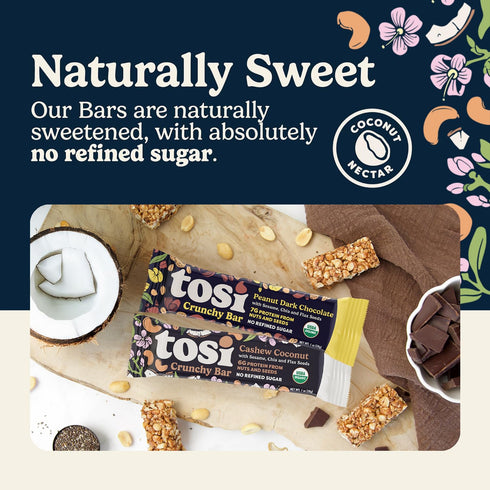 3s, 6G/8G 1 oz, 12-Pack Tosi Cashew Coconut and Dark Chocolate Peanut Protein Bars Combo, Plant Based with Nuts