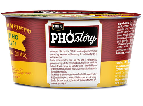 2.4 oz, CHIN-SU Vietnamese Pho Noodle Bowl, Chicken Flavor, Instant Soup with Rice Noodles