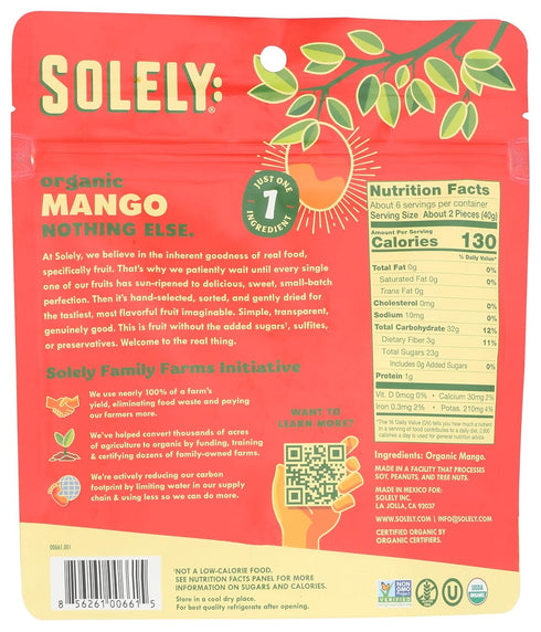 (Pack 1) SOLELY Organic Dried Mango Halves, Large of | One Ingredient | Vegan | Non-GMO | No Added Sugar