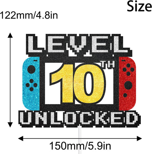 Level 10th Unlocked Cake Topper - Level 10th game Sign Theme Party Decorations 10th Birthday Level Up Cake Decorations for Video Game Themed Kids Boy Girl Party Supplies