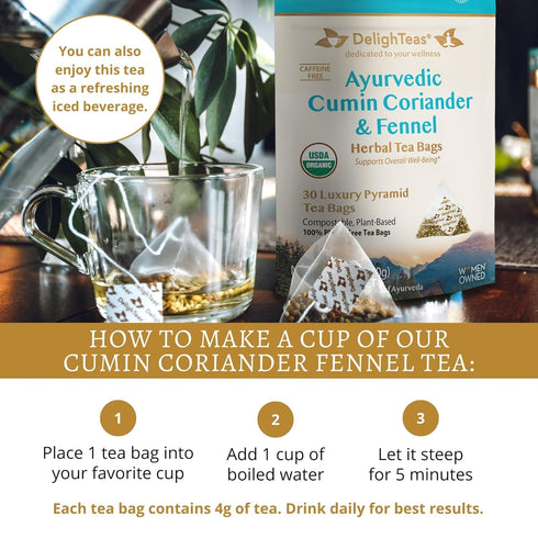 30 4g DelighTeas Organic Digest & Detox CCF Tea | Eco-friendly, Compostable Pyramid Tea Bags | Ayurvedic Cumin