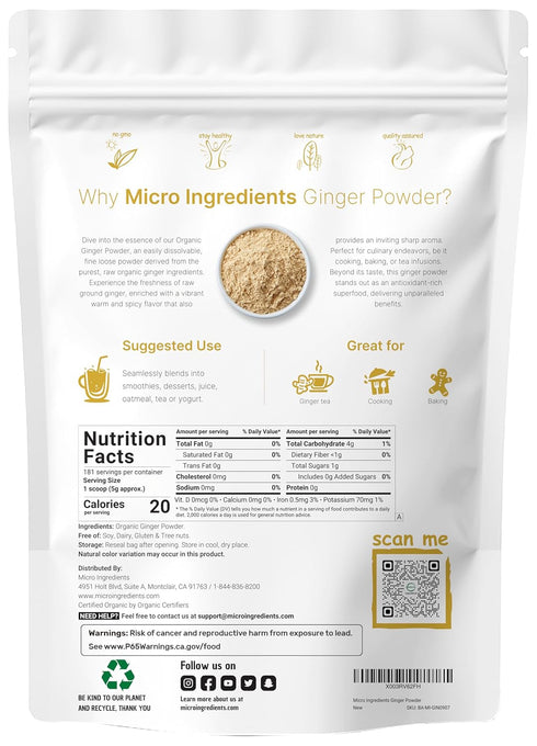 2lbs (32oz) Organic Ginger powder, | Premium Source for Spice & Seasoning | Great for Baking, Cooking & Tea | Additive