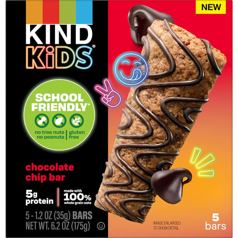 5g 5 Count KIND Kids Granola Bars, Chocolate Chip, Gluten Free, Low Sodium, Peanut and Tree Nut Free Snacks, Protein