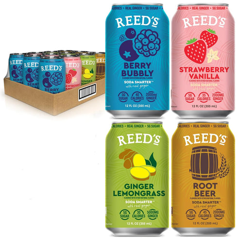 Reed's Adaptogen Functional Soda 12-Pack - Root Beer, Berry Bubbly, Strawberry Vanilla,