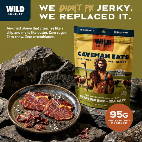 95g 2 (5oz) Wild Society - Caveman Eats - Grass Fed Ribeye Steak Slices - Protein - Only Steak & Salt - Ingredients