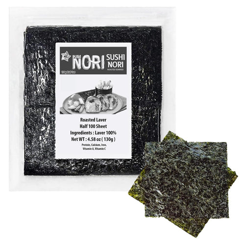 KIMNORI Sushi Nori Seaweed Sheets – 100 Half Cut Size Yaki Roasted Rolls Wraps, Resealable Bag, 100% Natural Laver, 130