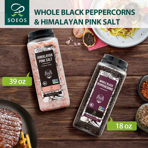 Soeos Himalayan Pink Salt 39 oz + Whole Black Peppercorns 18 oz - Kosher Bulk Spice Seasoning Set for Cooking