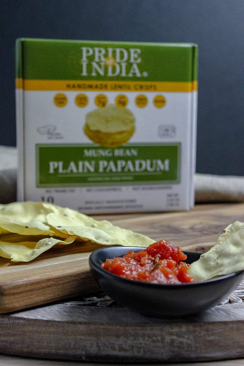 10 count (3.53oz 100gm) Pride Of India - Mung Bean Plain Papadum Lentil Crisp, - - Plant Based Protein Snack