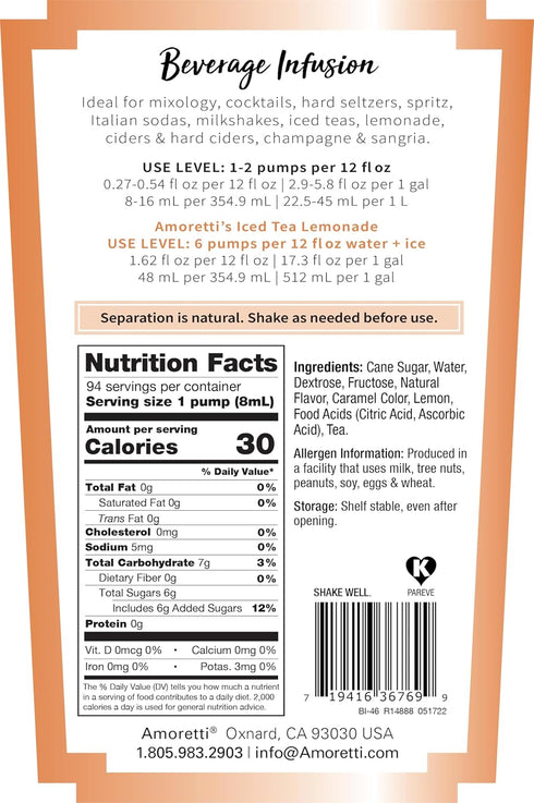 94 (750 ml), Amoretti - Iced Tea Lemonade Beverage Infusion Drink Mix & Water Enhancer with Pump for Flavoring